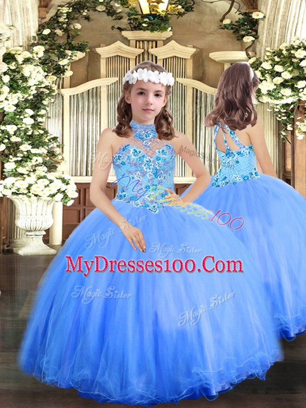 Blue Sleeveless Embroidery Floor Length Sweet 16 Quinceanera Dress