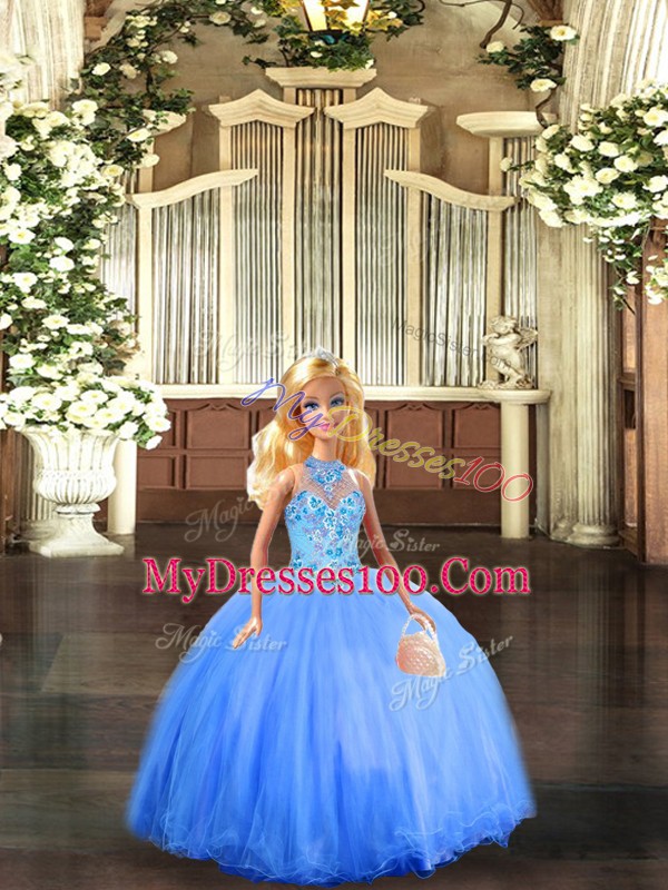 Blue Sleeveless Embroidery Floor Length Sweet 16 Quinceanera Dress