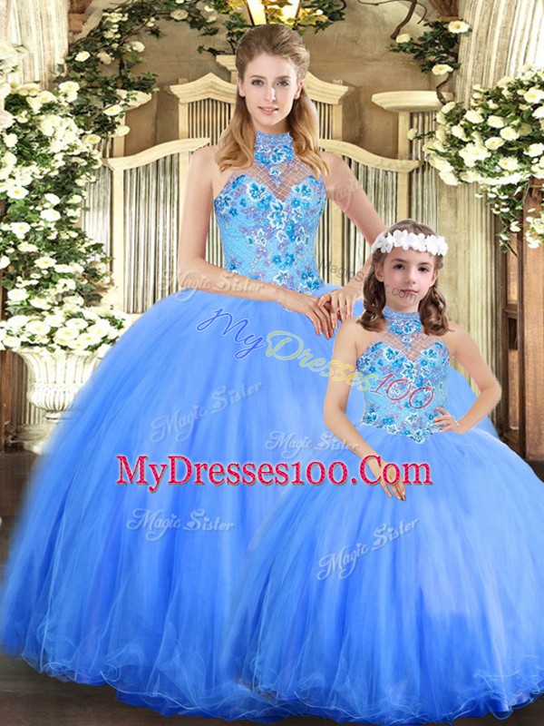 Blue Sleeveless Embroidery Floor Length Sweet 16 Quinceanera Dress