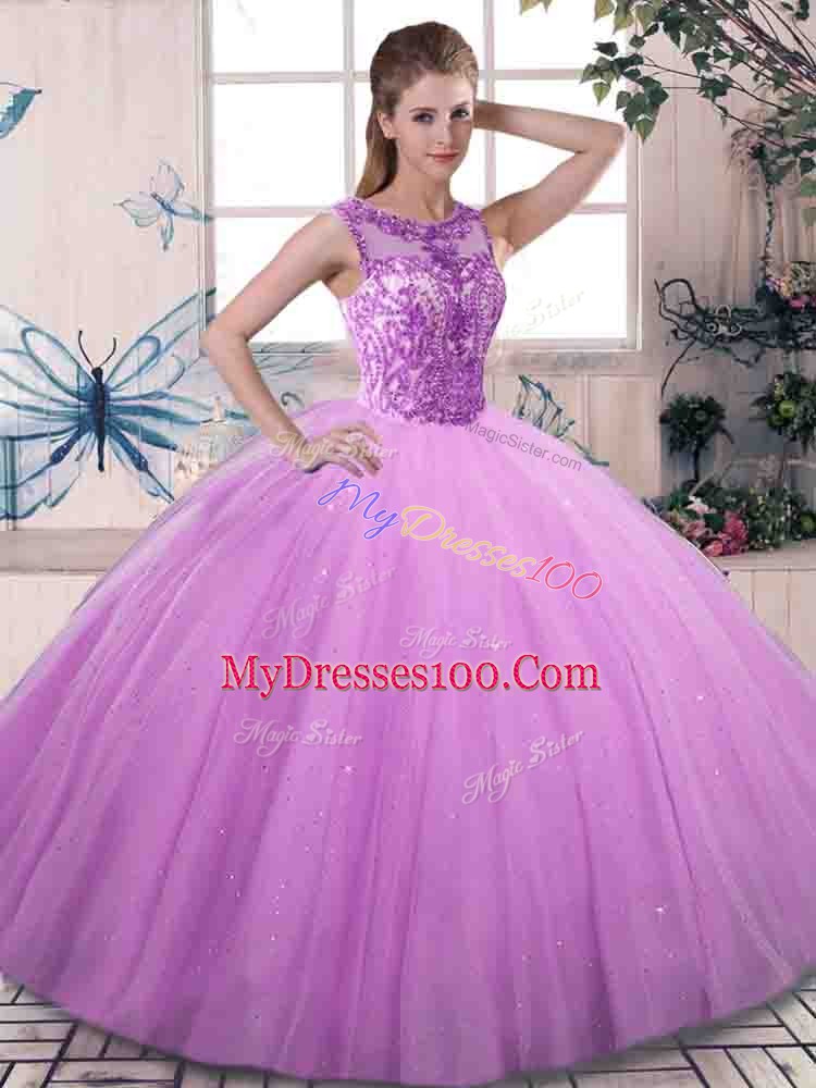 Floor Length Lilac Vestidos de Quinceanera Tulle Sleeveless Beading