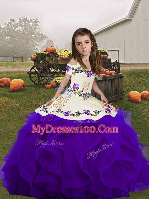 Latest Embroidery and Ruffles Little Girls Pageant Gowns Purple Lace Up Sleeveless Floor Length