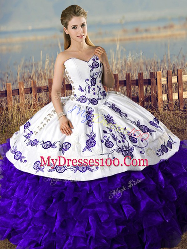 Luxurious Purple Satin and Organza Lace Up Sweetheart Sleeveless Floor Length Quinceanera Gown Embroidery