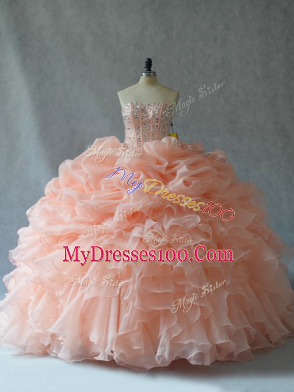 Stylish Peach Ball Gowns Strapless Sleeveless Organza Floor Length Lace Up Beading and Ruffles 15 Quinceanera Dress