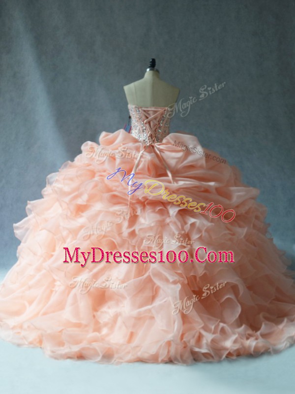 Stylish Peach Ball Gowns Strapless Sleeveless Organza Floor Length Lace Up Beading and Ruffles 15 Quinceanera Dress