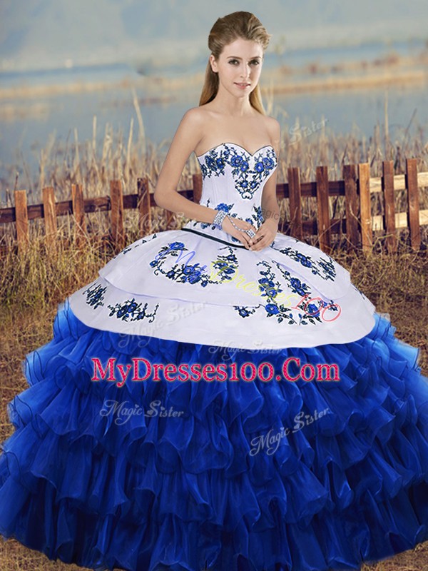 Floor Length Royal Blue Vestidos de Quinceanera Organza Sleeveless Embroidery and Ruffled Layers