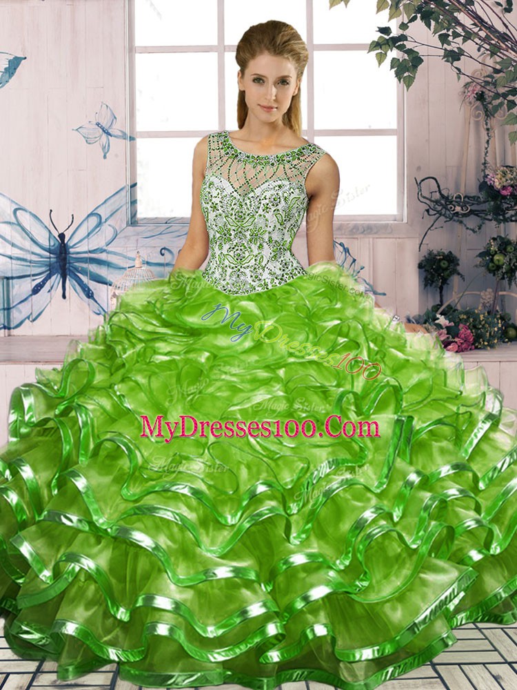 Hot Sale Sleeveless Lace Up Floor Length Beading and Ruffles 15th Birthday Dress