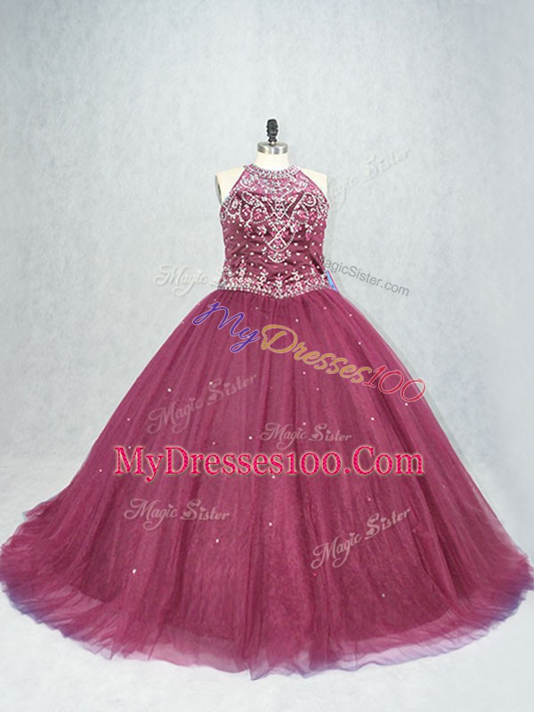 Burgundy Ball Gowns Beading Quinceanera Dress Lace Up Tulle Sleeveless