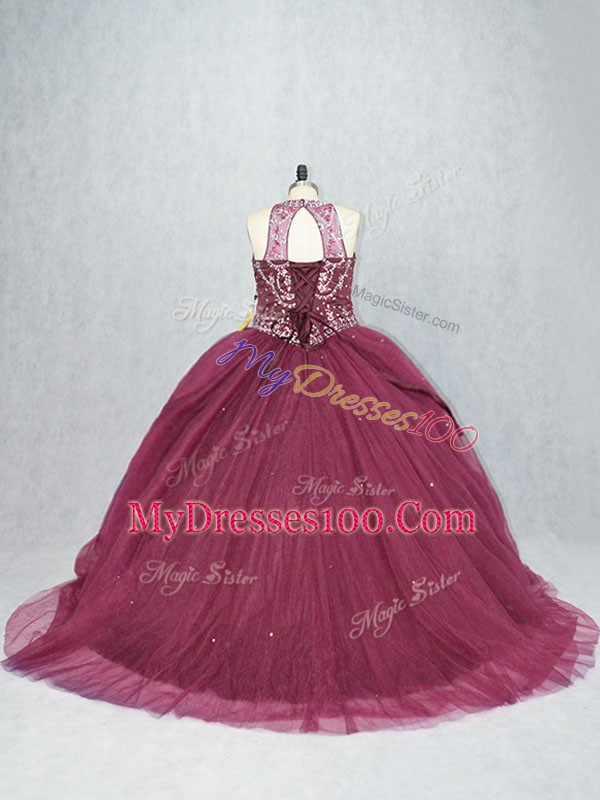 Burgundy Ball Gowns Beading Quinceanera Dress Lace Up Tulle Sleeveless