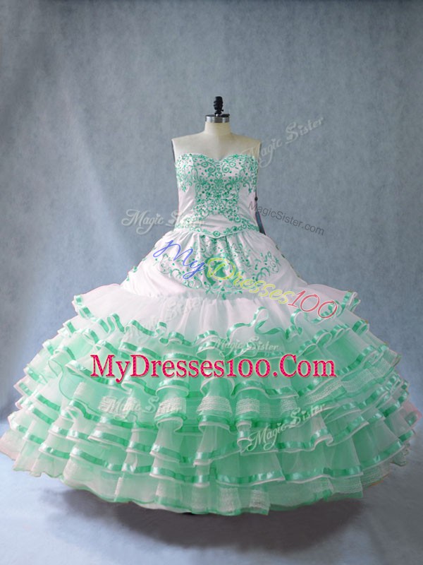 Clearance Floor Length Lace Up Quinceanera Gown Apple Green for Sweet 16 and Quinceanera with Embroidery and Ruffled Layers
