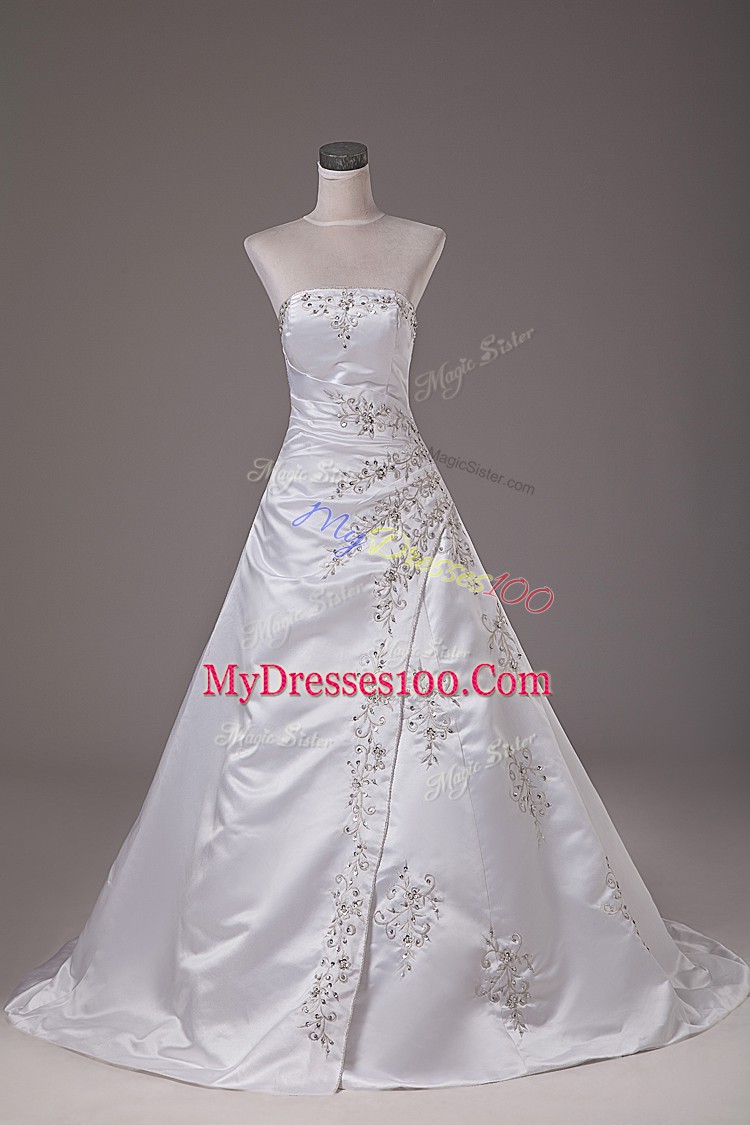 White Ball Gowns Strapless Sleeveless Satin Brush Train Lace Up Beading Wedding Dresses