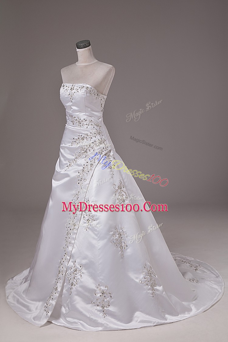 White Ball Gowns Strapless Sleeveless Satin Brush Train Lace Up Beading Wedding Dresses
