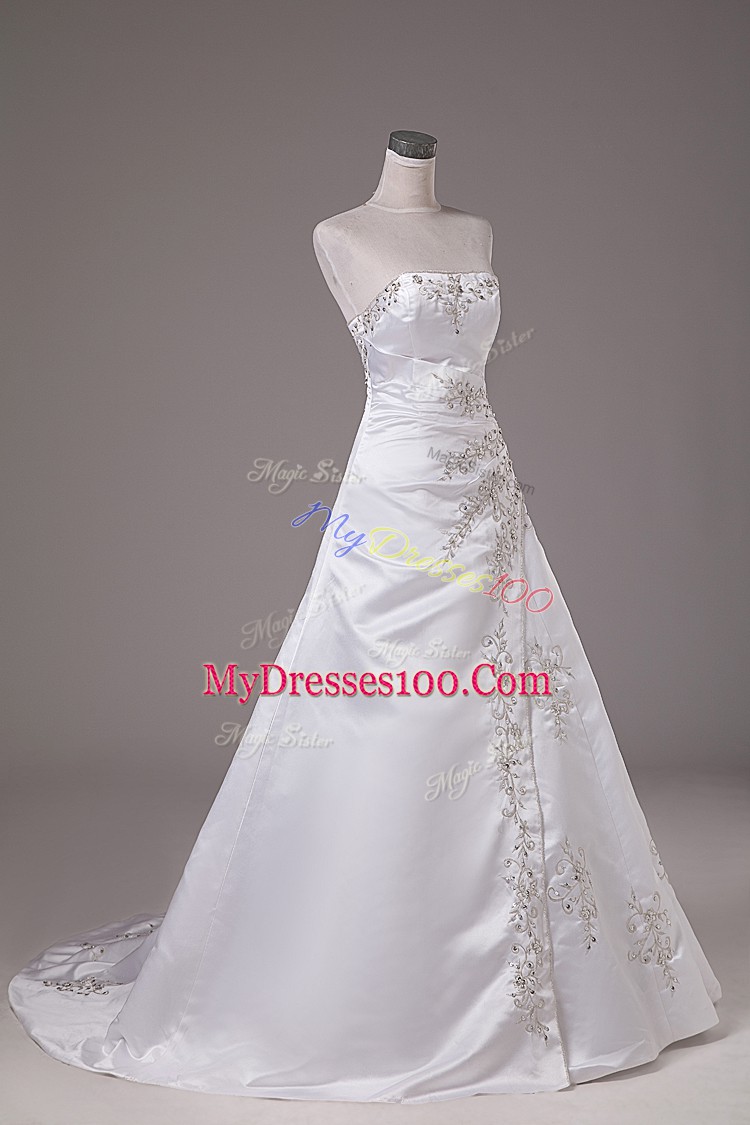 White Ball Gowns Strapless Sleeveless Satin Brush Train Lace Up Beading Wedding Dresses