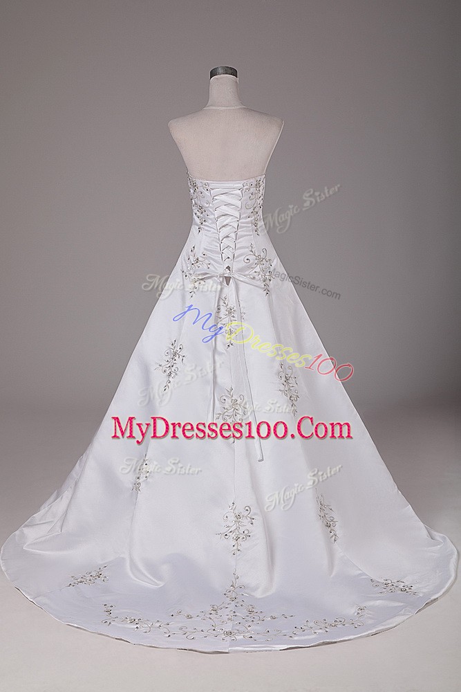 White Ball Gowns Strapless Sleeveless Satin Brush Train Lace Up Beading Wedding Dresses