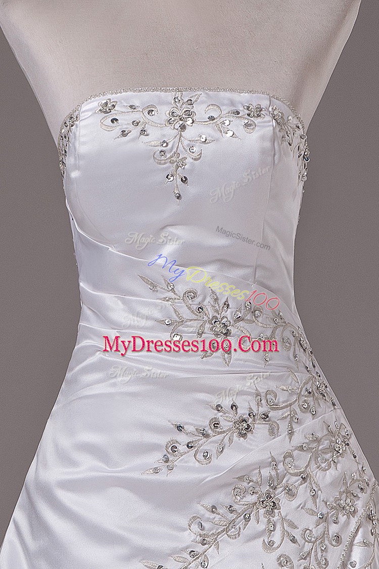 White Ball Gowns Strapless Sleeveless Satin Brush Train Lace Up Beading Wedding Dresses