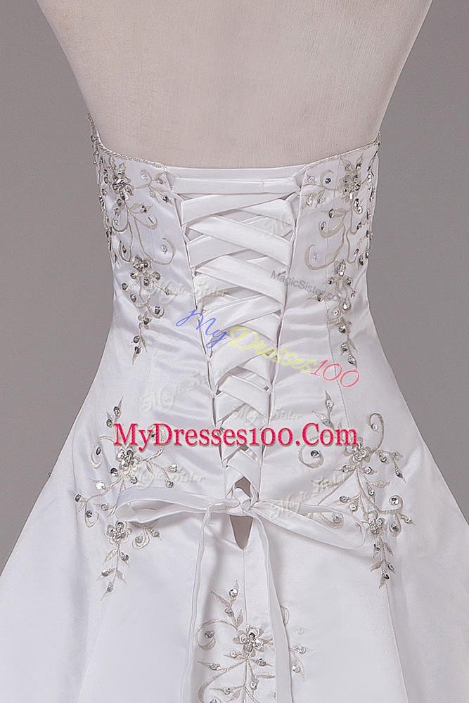 White Ball Gowns Strapless Sleeveless Satin Brush Train Lace Up Beading Wedding Dresses