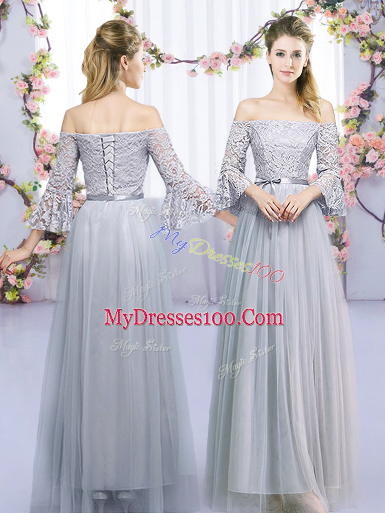 Artistic Grey 3 4 Length Sleeve Tulle Lace Up Quinceanera Dama Dress for Wedding Party
