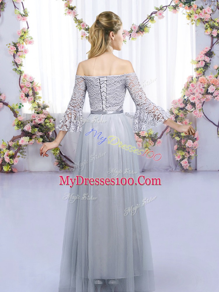 Artistic Grey 3 4 Length Sleeve Tulle Lace Up Quinceanera Dama Dress for Wedding Party