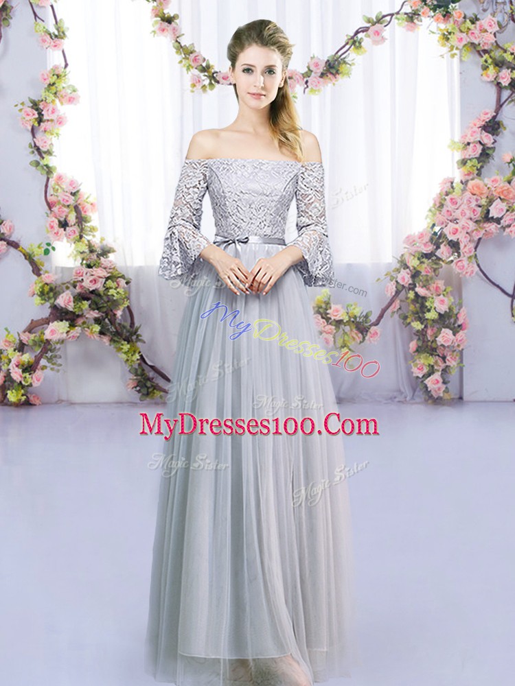 Artistic Grey 3 4 Length Sleeve Tulle Lace Up Quinceanera Dama Dress for Wedding Party