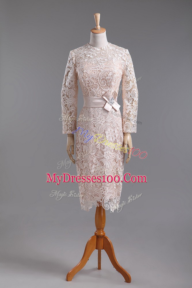 Suitable Champagne Long Sleeves Lace and Belt Tea Length Mother Of The Bride Dress