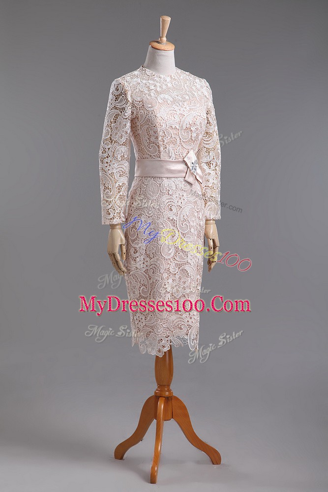 Suitable Champagne Long Sleeves Lace and Belt Tea Length Mother Of The Bride Dress