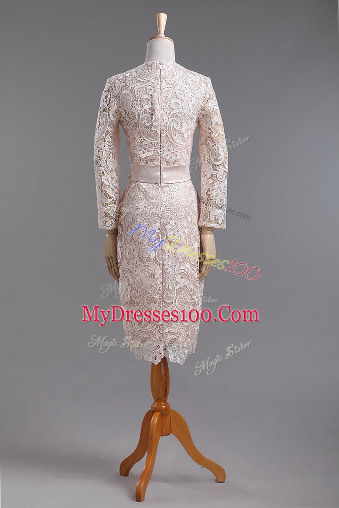 Suitable Champagne Long Sleeves Lace and Belt Tea Length Mother Of The Bride Dress