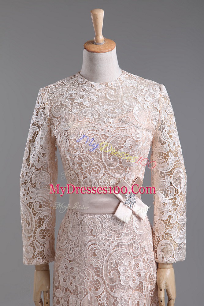 Suitable Champagne Long Sleeves Lace and Belt Tea Length Mother Of The Bride Dress