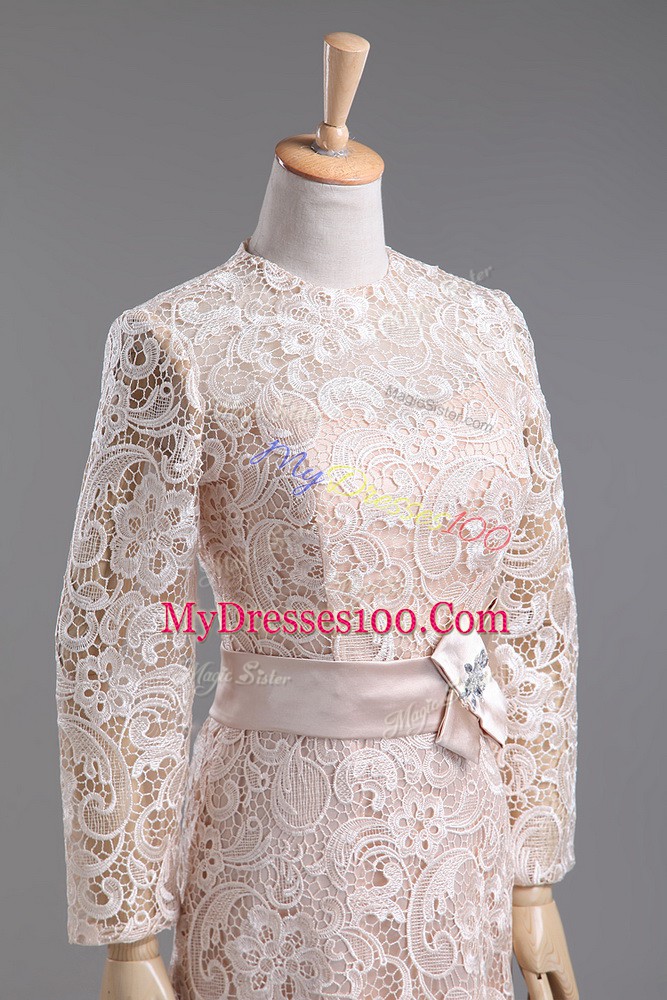 Suitable Champagne Long Sleeves Lace and Belt Tea Length Mother Of The Bride Dress