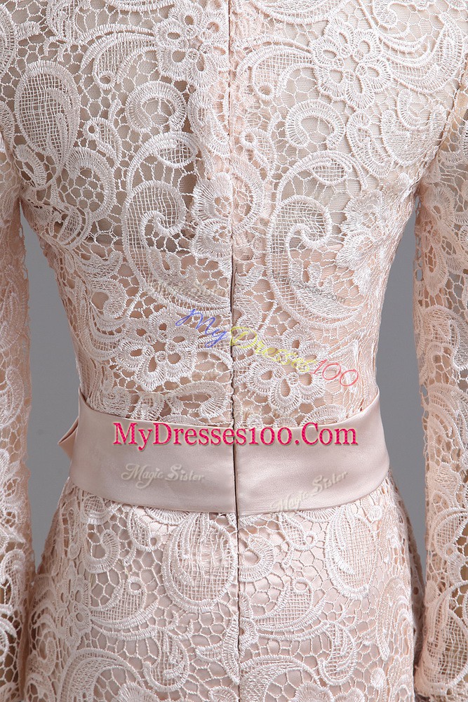 Suitable Champagne Long Sleeves Lace and Belt Tea Length Mother Of The Bride Dress