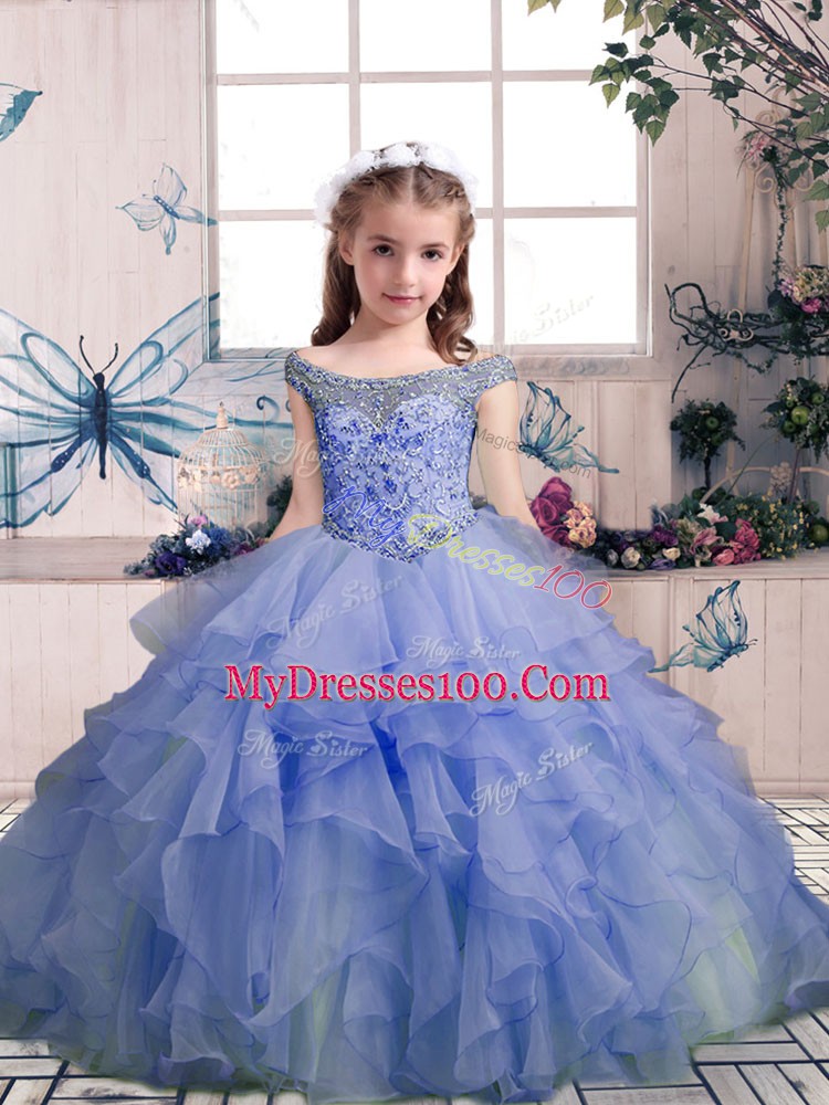 Lavender Off The Shoulder Neckline Beading and Ruffles Kids Formal Wear Sleeveless Lace Up