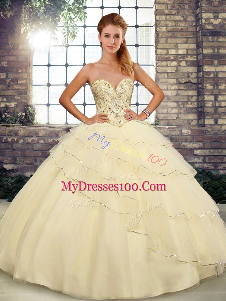 Great Light Yellow Quinceanera Gown Sweetheart Sleeveless Brush Train Lace Up