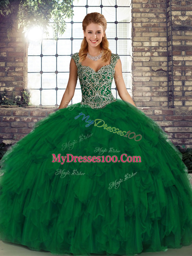 Fashion Green Sleeveless Floor Length Beading and Ruffles Lace Up Quince Ball Gowns
