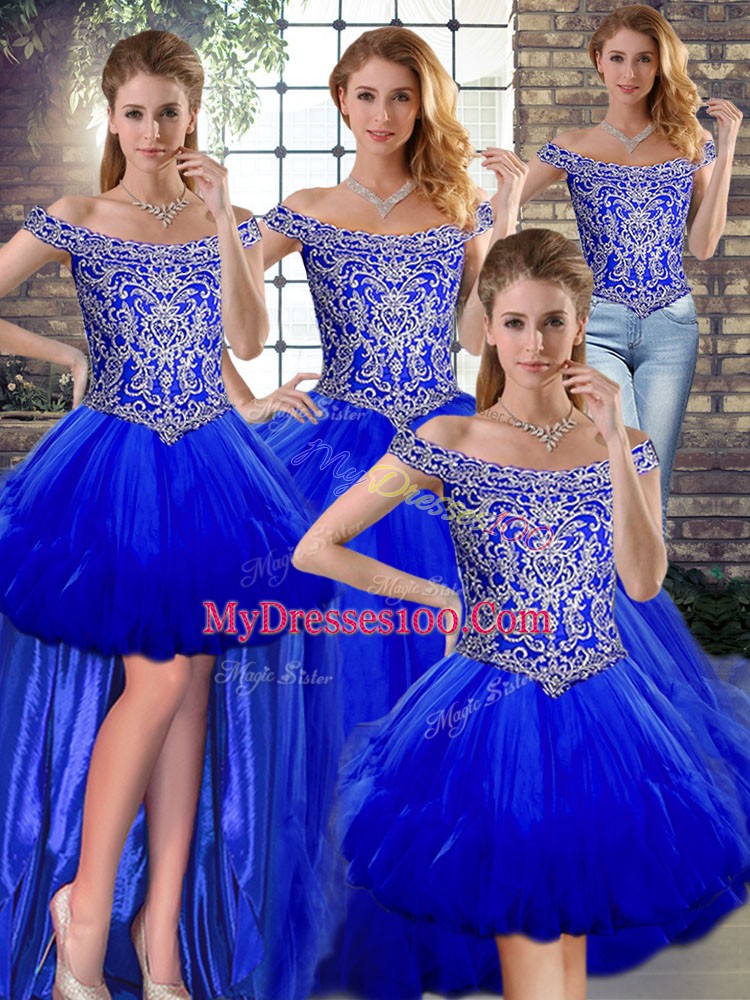 Sleeveless Floor Length Beading and Ruffles Lace Up 15th Birthday Dress with Royal Blue