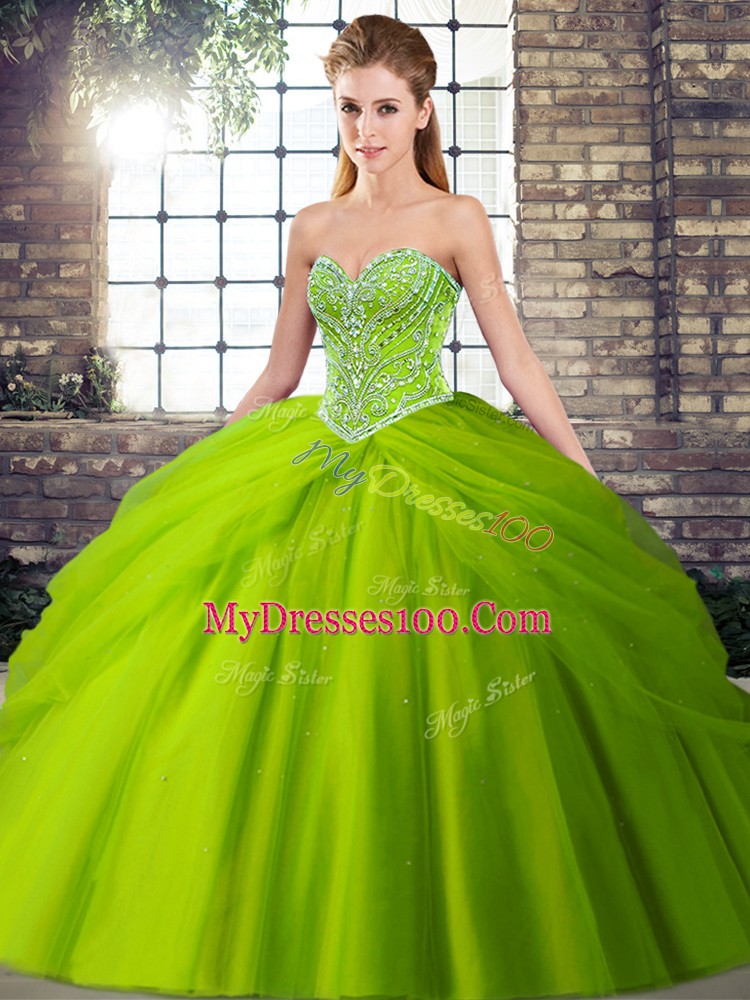 Tulle Sweetheart Sleeveless Brush Train Lace Up Beading and Pick Ups Sweet 16 Dresses in