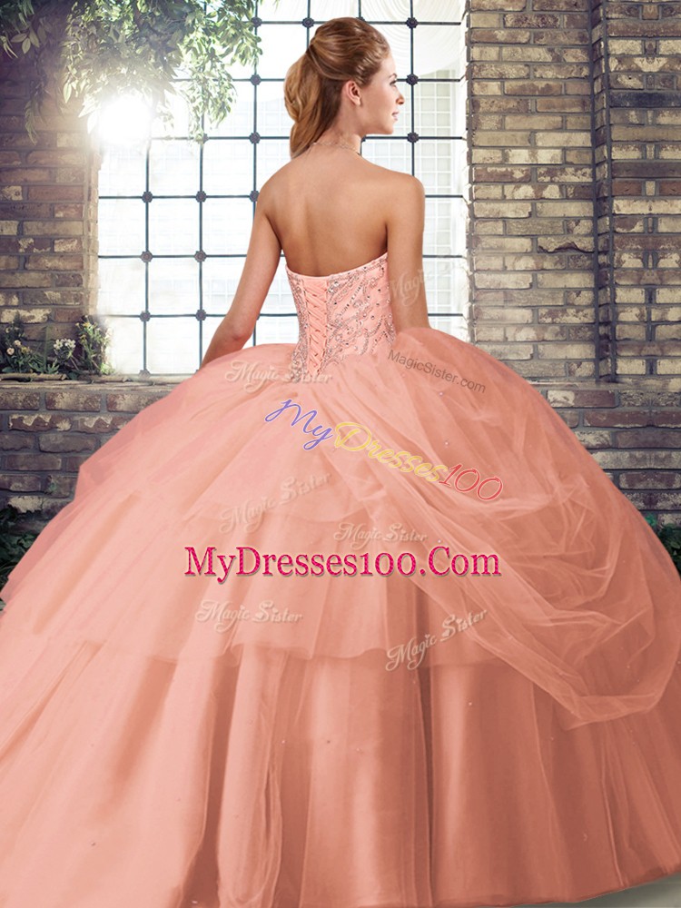 Tulle Sweetheart Sleeveless Brush Train Lace Up Beading and Pick Ups Sweet 16 Dresses in