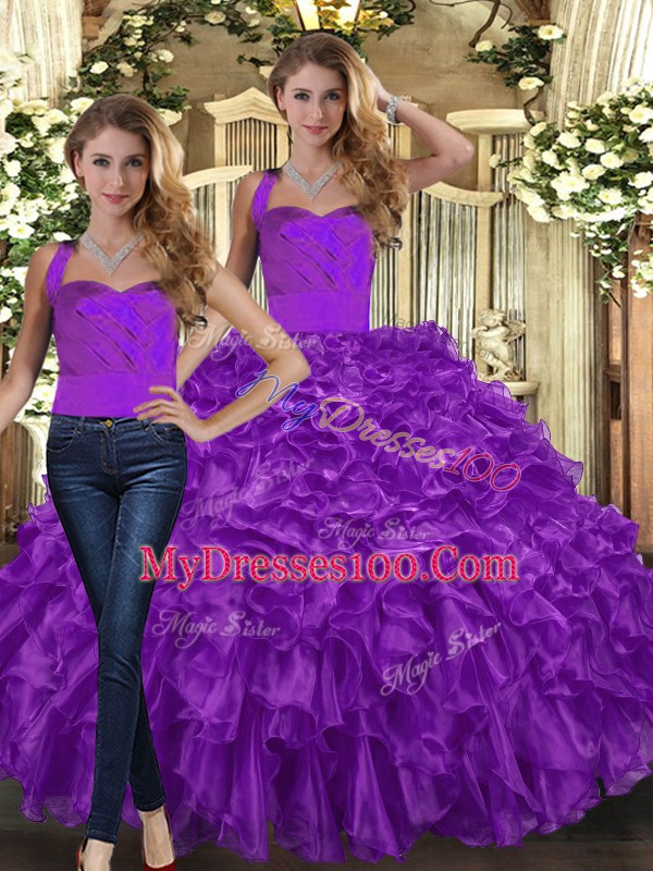 Captivating Sleeveless Organza Floor Length Lace Up 15th Birthday Dress in Purple with Ruffles
