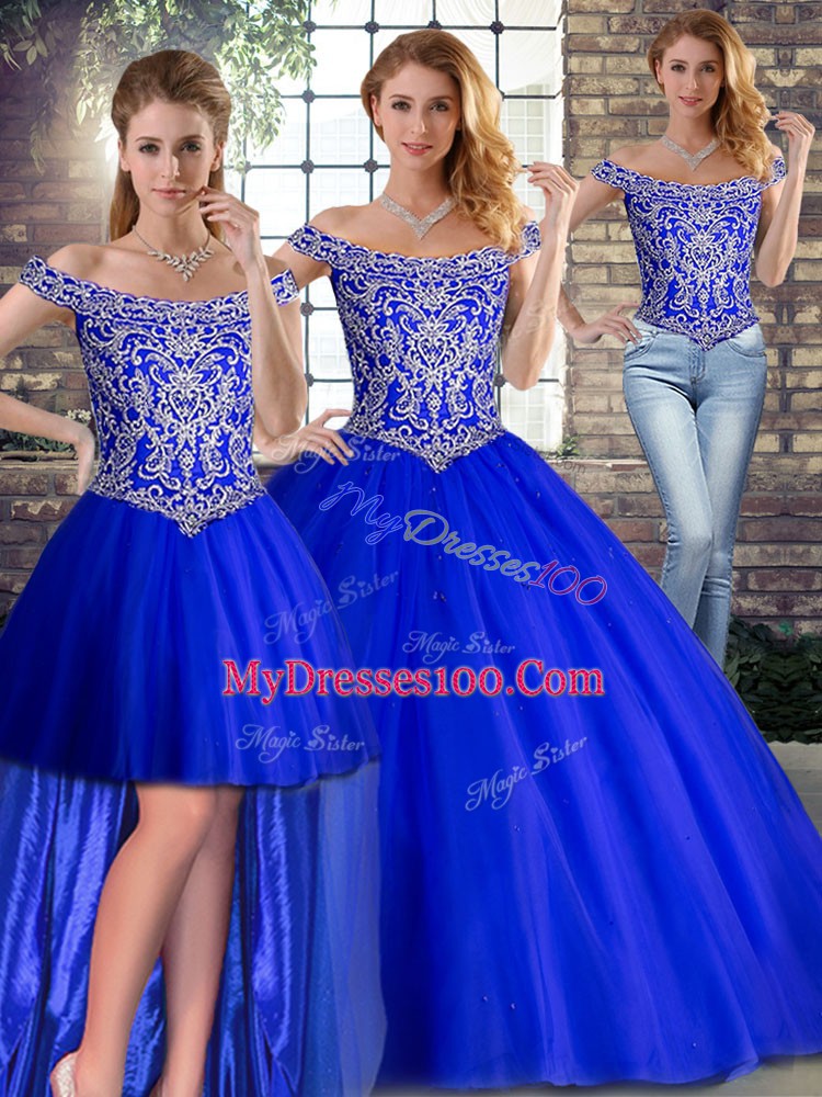 Royal Blue Three Pieces Beading Quince Ball Gowns Lace Up Tulle Sleeveless