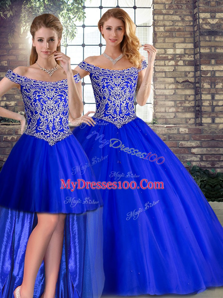 Royal Blue Three Pieces Beading Quince Ball Gowns Lace Up Tulle Sleeveless