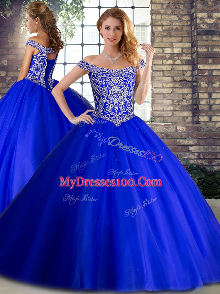 Royal Blue Three Pieces Beading Quince Ball Gowns Lace Up Tulle Sleeveless