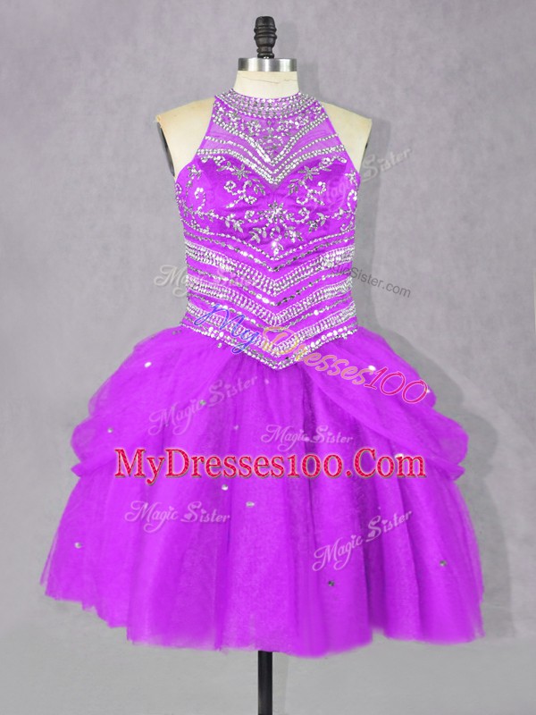 Flare Fuchsia Lace Up Dress for Prom Beading Sleeveless Mini Length