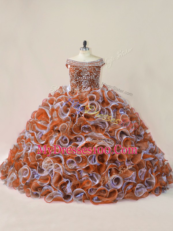 Multi-color Sweet 16 Dresses Organza Court Train Sleeveless Beading and Ruffles