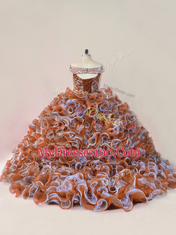 Multi-color Sweet 16 Dresses Organza Court Train Sleeveless Beading and Ruffles