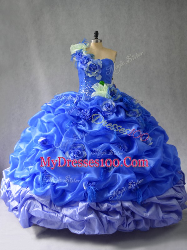 One Shoulder Sleeveless Lace Up 15 Quinceanera Dress Blue Organza