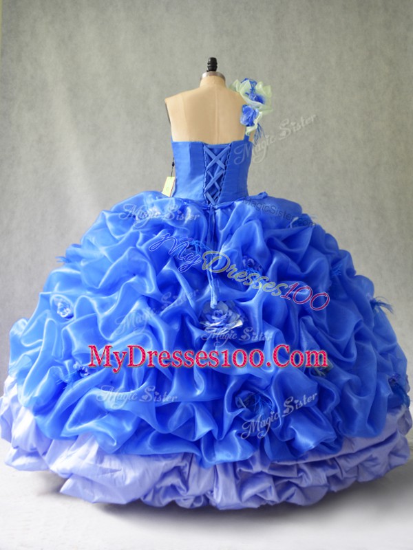 One Shoulder Sleeveless Lace Up 15 Quinceanera Dress Blue Organza
