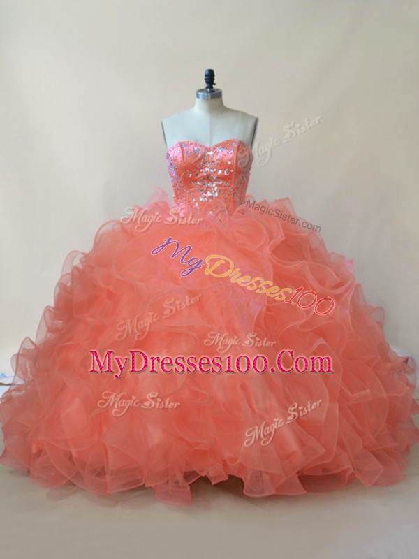 Affordable Sweetheart Sleeveless Organza and Tulle Quinceanera Dresses Beading and Ruffles Lace Up
