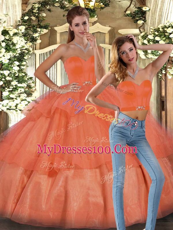 Sleeveless Organza Floor Length Lace Up Ball Gown Prom Dress in Orange with Ruffled Layers