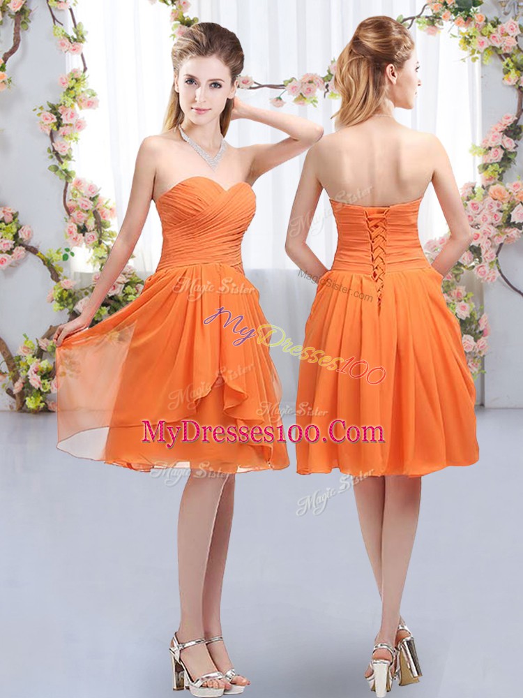 Cheap Sweetheart Sleeveless Bridesmaids Dress Knee Length Ruffles and Ruching Orange Chiffon