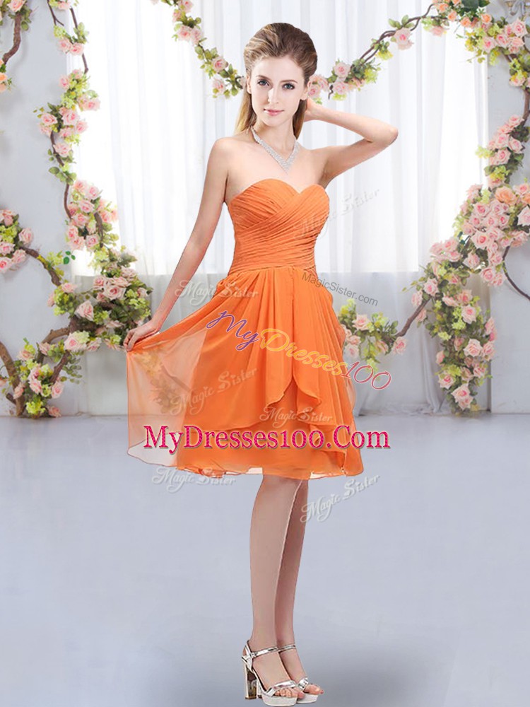 Cheap Sweetheart Sleeveless Bridesmaids Dress Knee Length Ruffles and Ruching Orange Chiffon