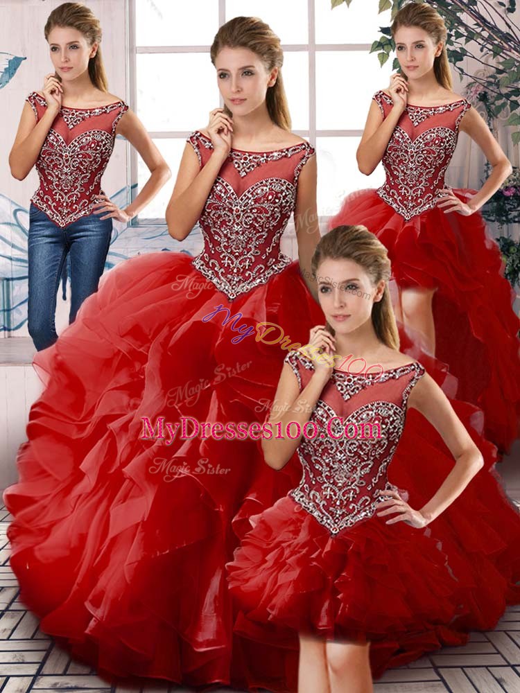 Red Zipper Scoop Beading and Ruffles Sweet 16 Dress Organza Sleeveless