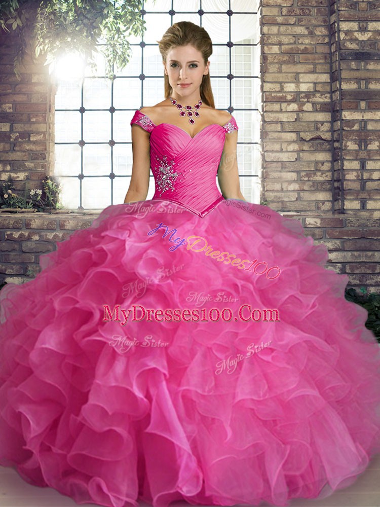 Ball Gowns Quince Ball Gowns Rose Pink Off The Shoulder Organza Sleeveless Floor Length Lace Up