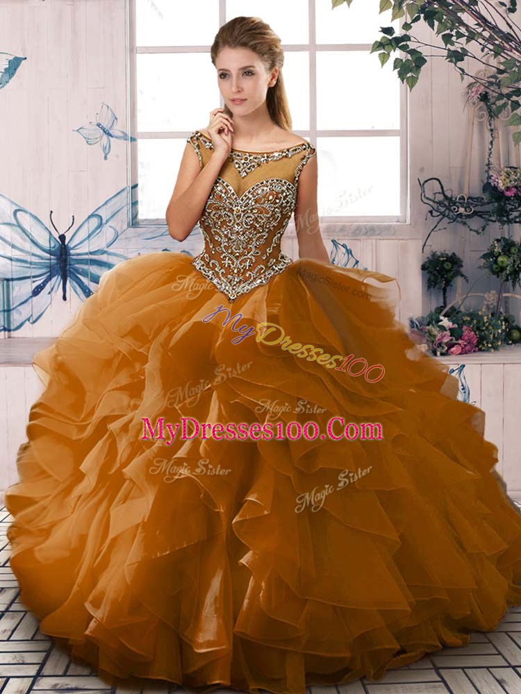 Nice Brown Scoop Lace Up Beading and Ruffles Ball Gown Prom Dress Sleeveless